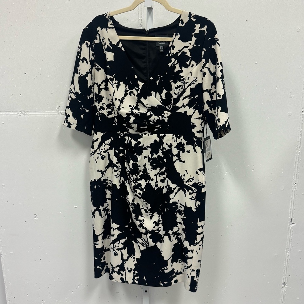 NWT Adrianna Papell Floral Pleated Wrap Dress Knee Length Dress Black White Sz12
